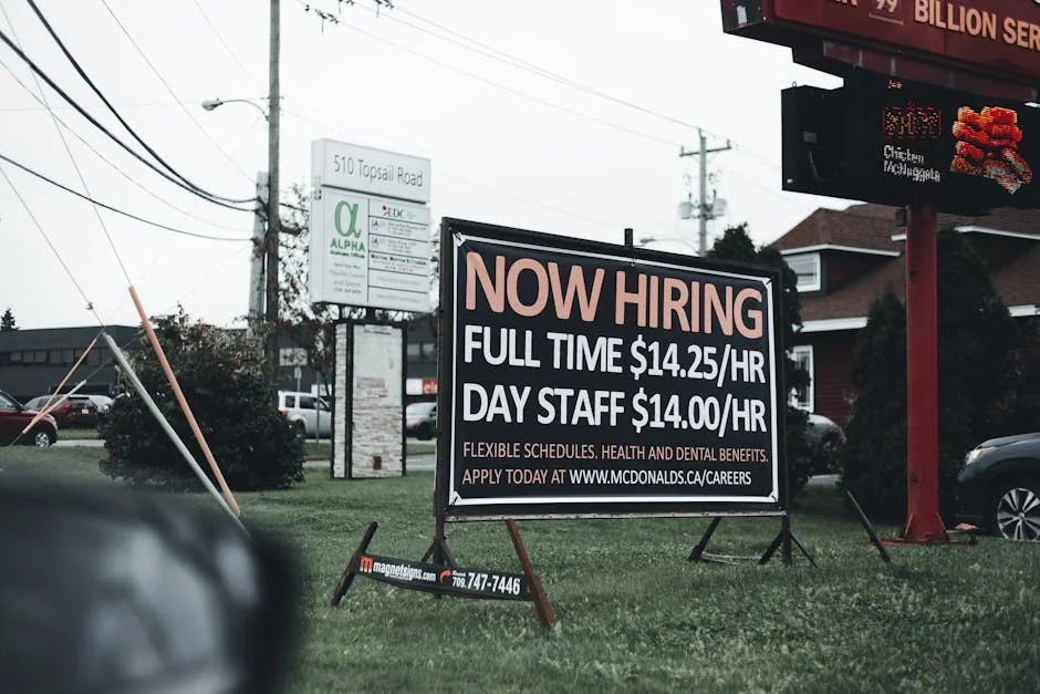 Outdoor hiring sign advertising restaurant job openings with competitive wages and benefits. - from unemployed to hired in 2 weeks