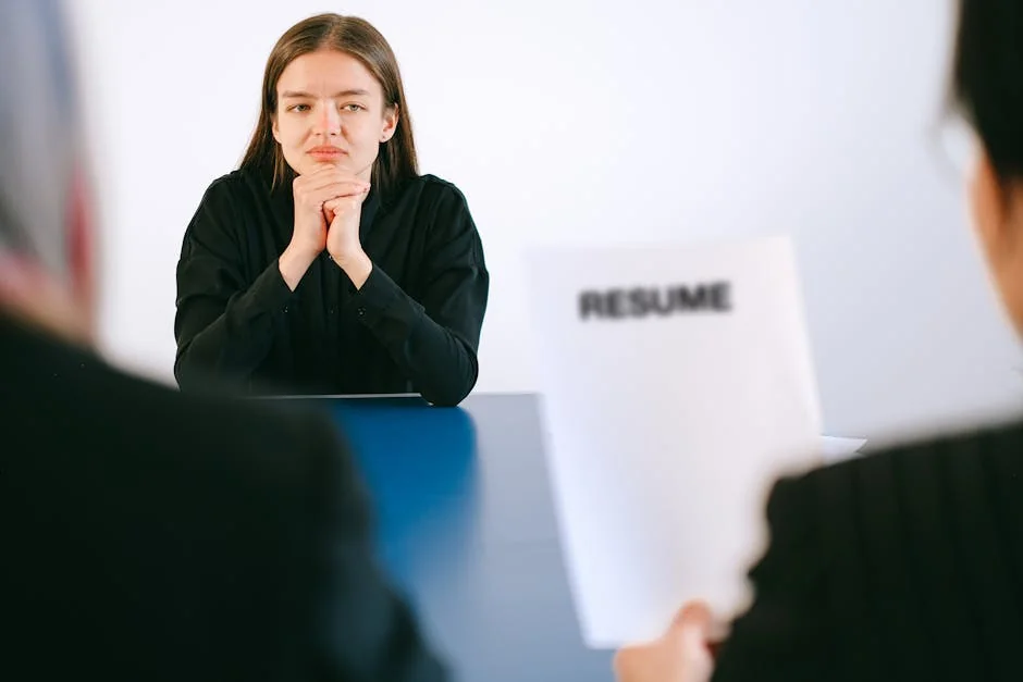 A woman in a job interview facing two employers with a focus on her resume. - from unemployed to hired in 2 weeks