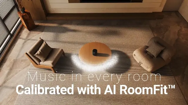 WiiM Mini lifestyle marketing image — 'Music in every room, calibrated with AI RoomFit'