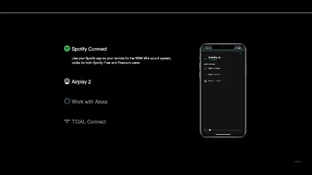 WiiM Home app interface — Device settings showing Spotify Connect, AirPlay 2, Work with Alexa, TIDAL Connect toggles