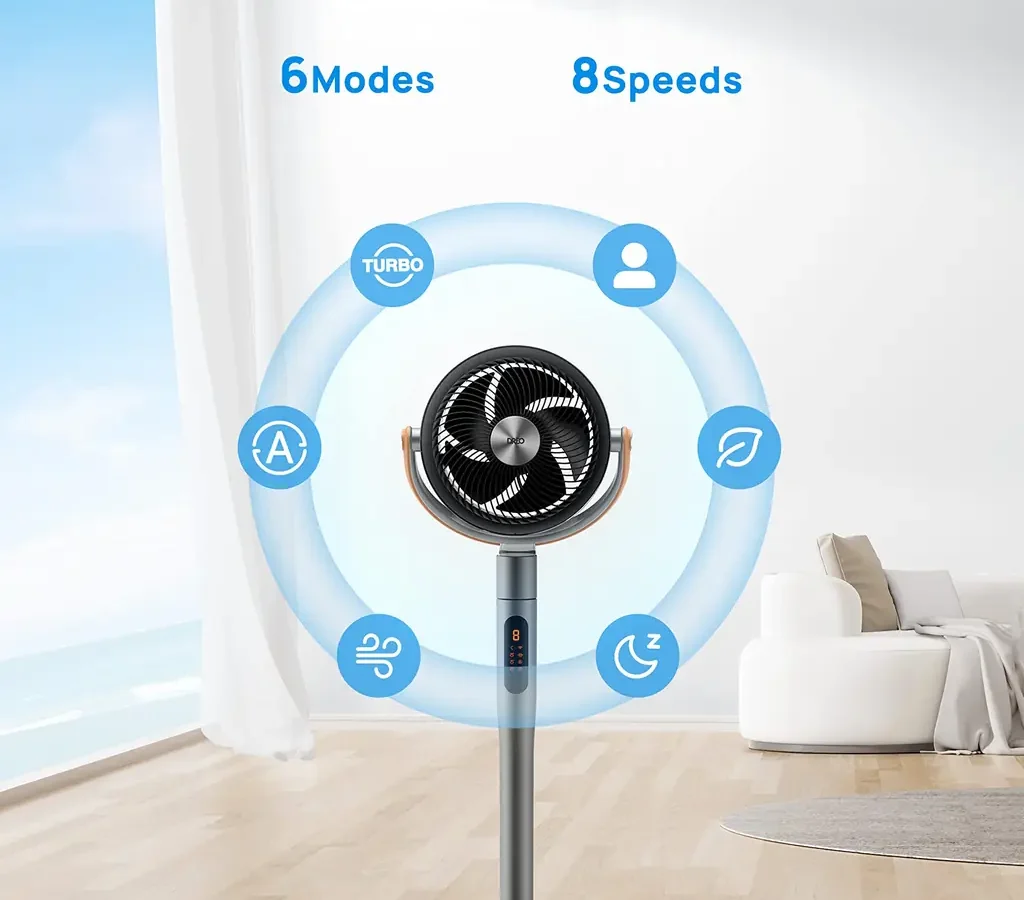DREO tower fan side angle showing slim 36-inch profile and circular weighted base