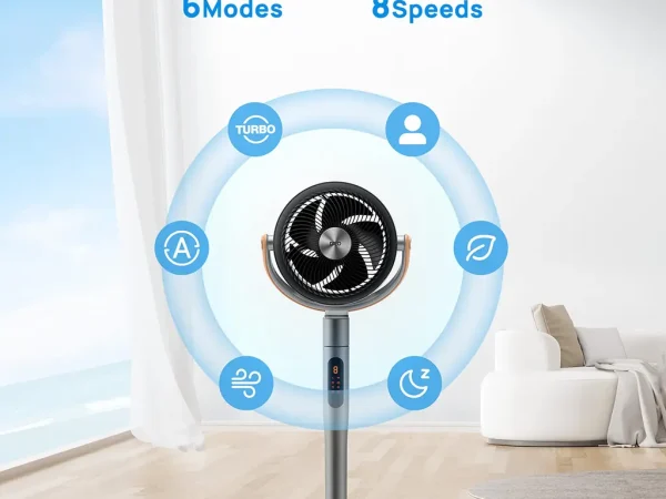 DREO tower fan side angle showing slim 36-inch profile and circular weighted base