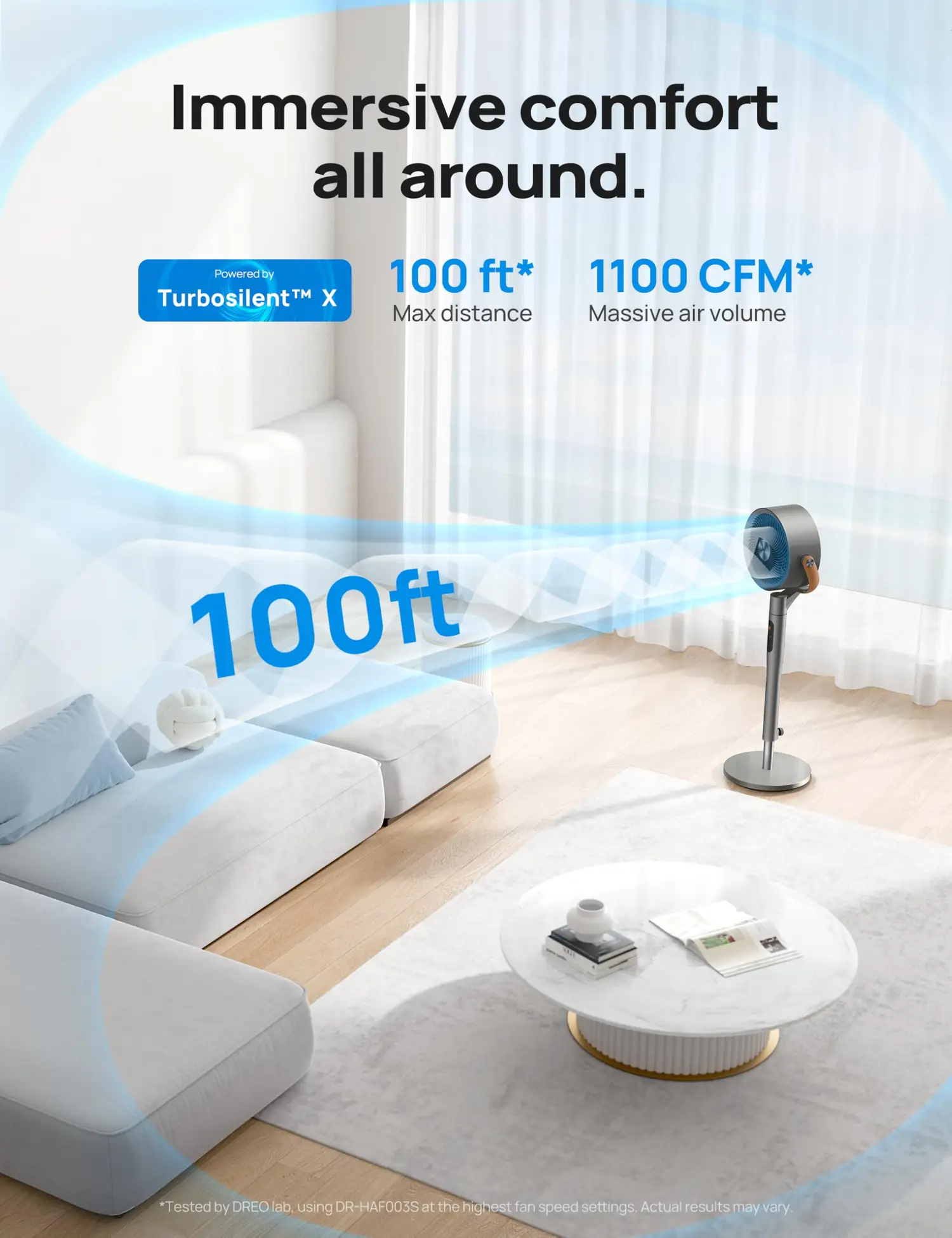 DREO tower fan in modern living room with airflow visualization showing 28ft velocity at 100 ft reach