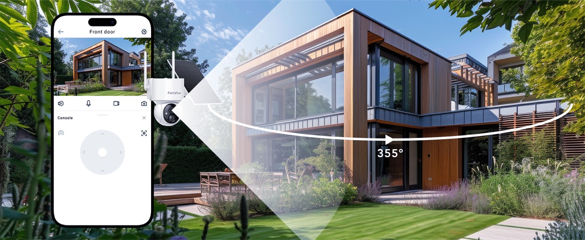 FAMVIVA 2K solar security camera product overview and key features banner from the brand A+ content
