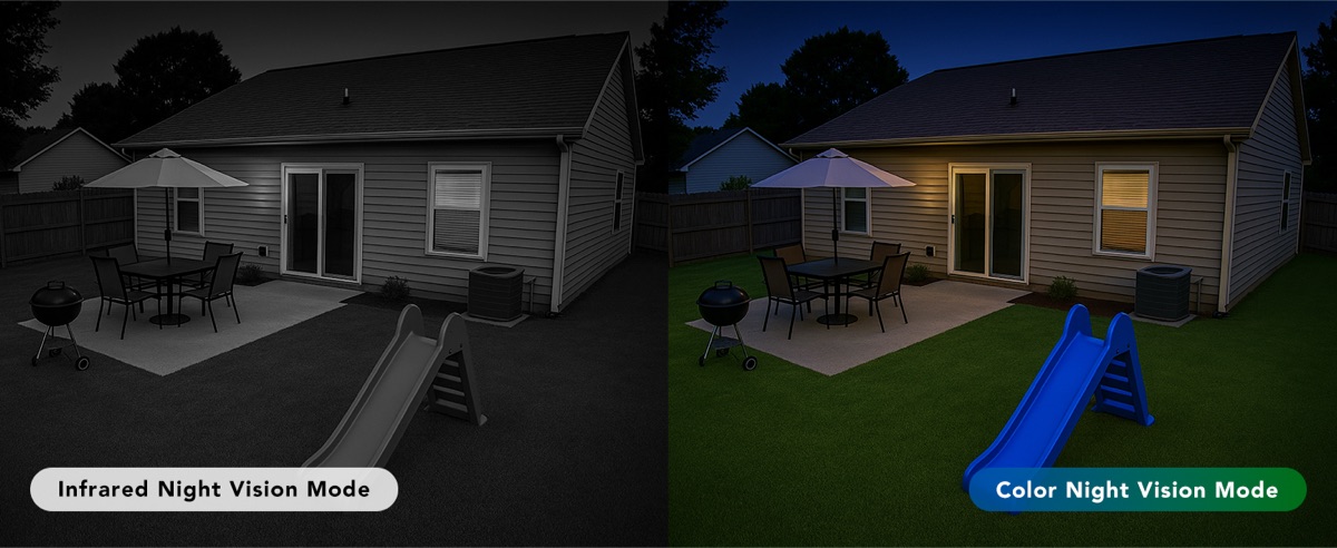 FAMVIVA 2K security camera day and night side-by-side showing 2K clarity and color night vision