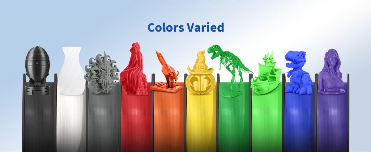 ANYCUBIC PLA filament 10 colors displayed — black white grey clear red blue green orange yellow purple