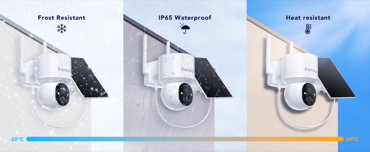 FAMVIVA 2K solar camera showing PIR motion detection activating spotlight and siren