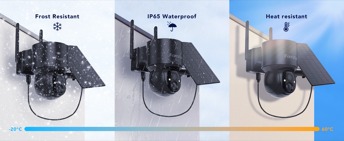 FAMVIVA 2K solar camera 360 degree pan tilt coverage showing full perimeter sweep diagram
