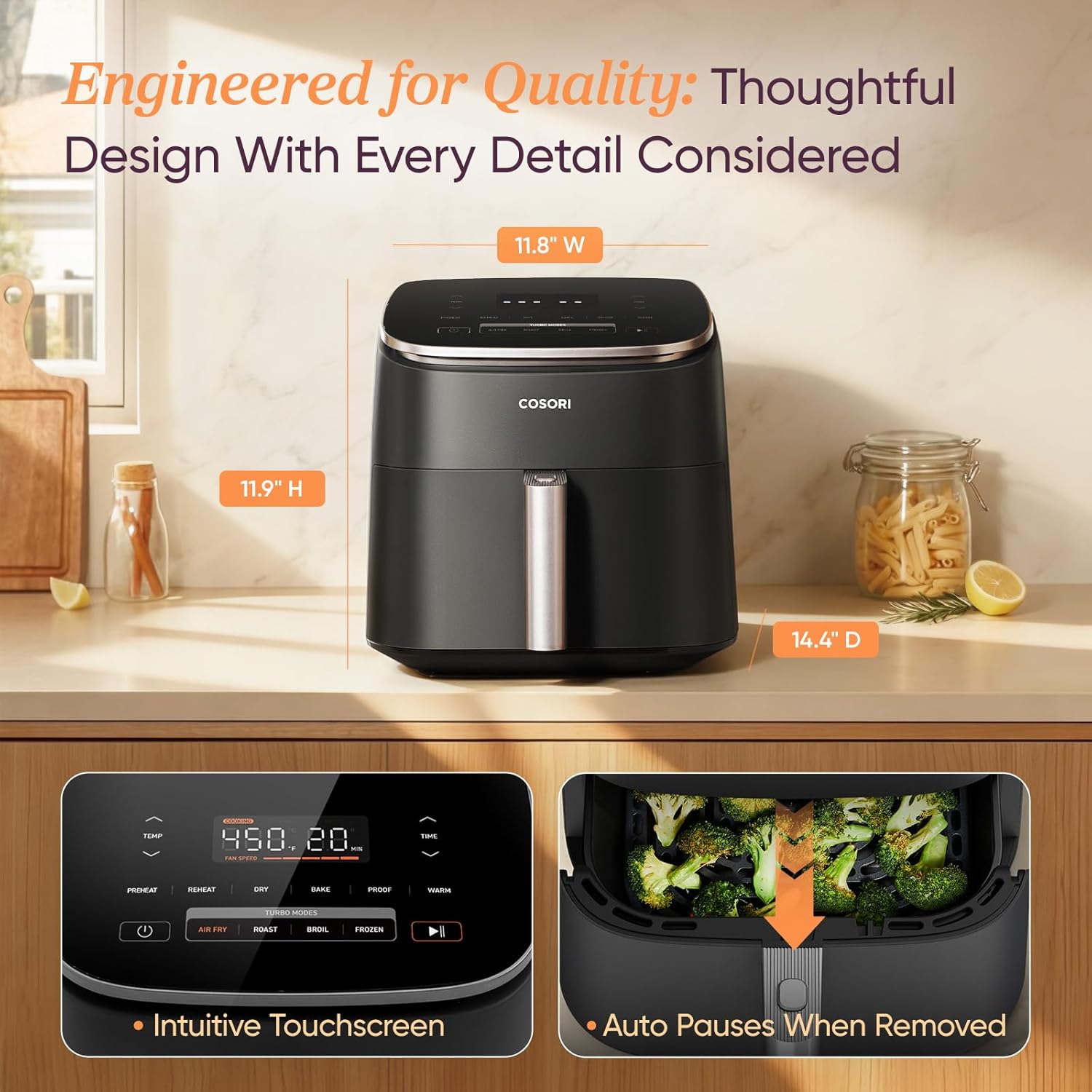 COSORI TurboBlaze air fryer accessories and feature detail