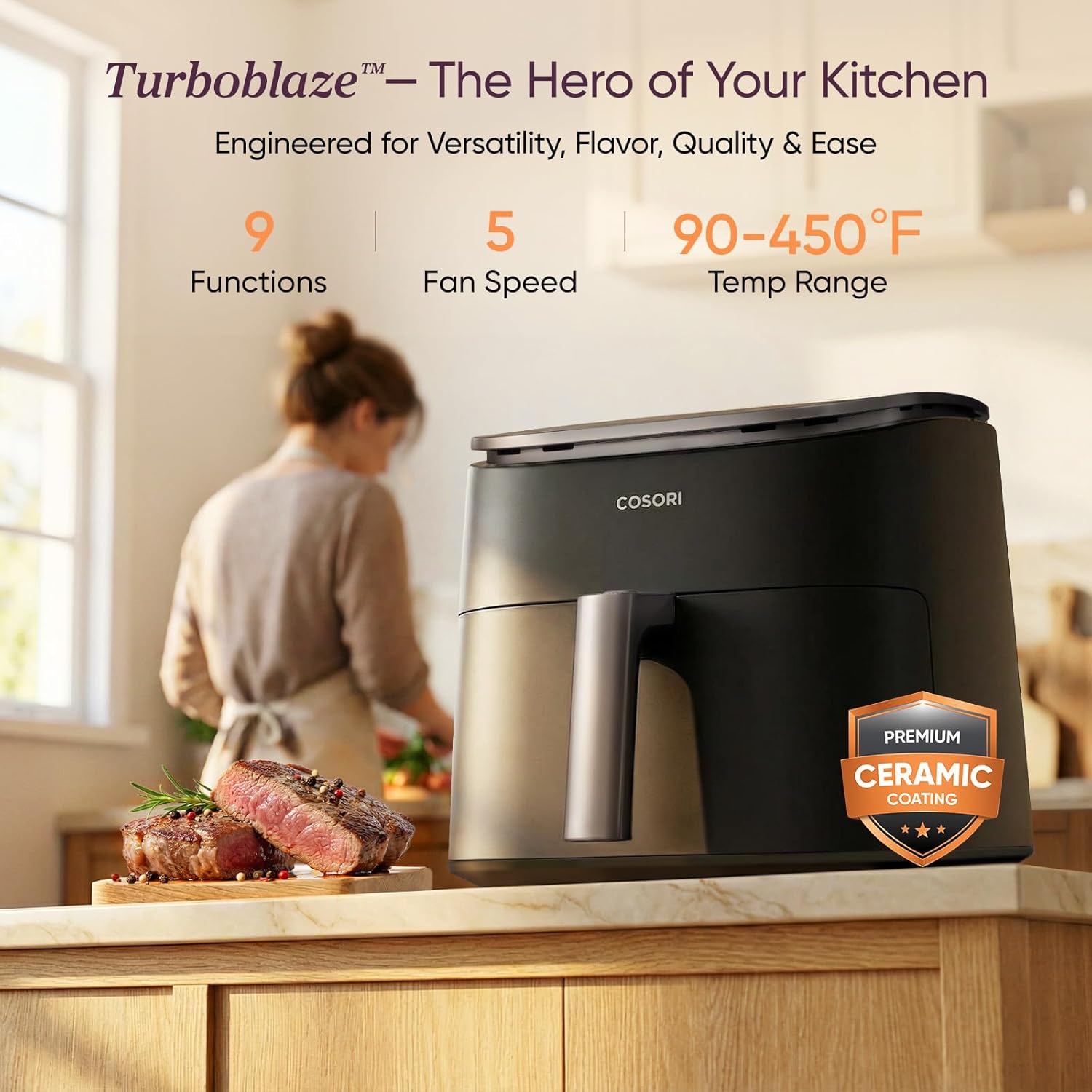 COSORI TurboBlaze air fryer basket and design details