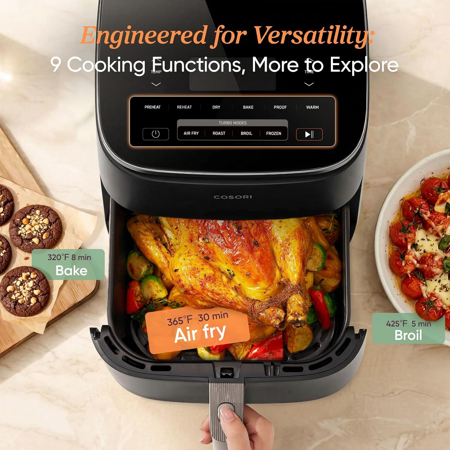COSORI TurboBlaze air fryer cooking modes and temperature range