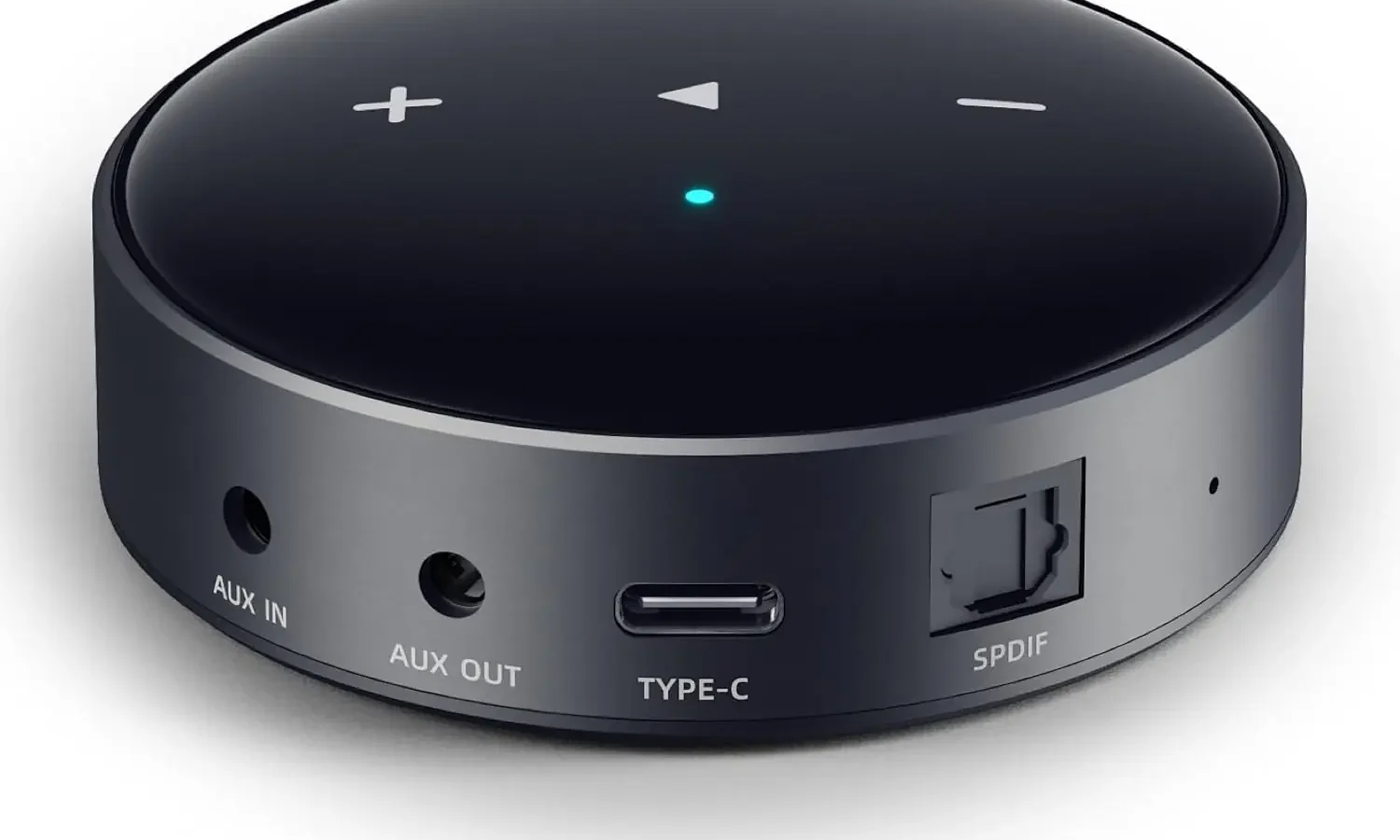 WiiM Mini — black circular AirPlay 2 streamer with touch controls and AUX/Type-C/SPDIF ports on the back panel