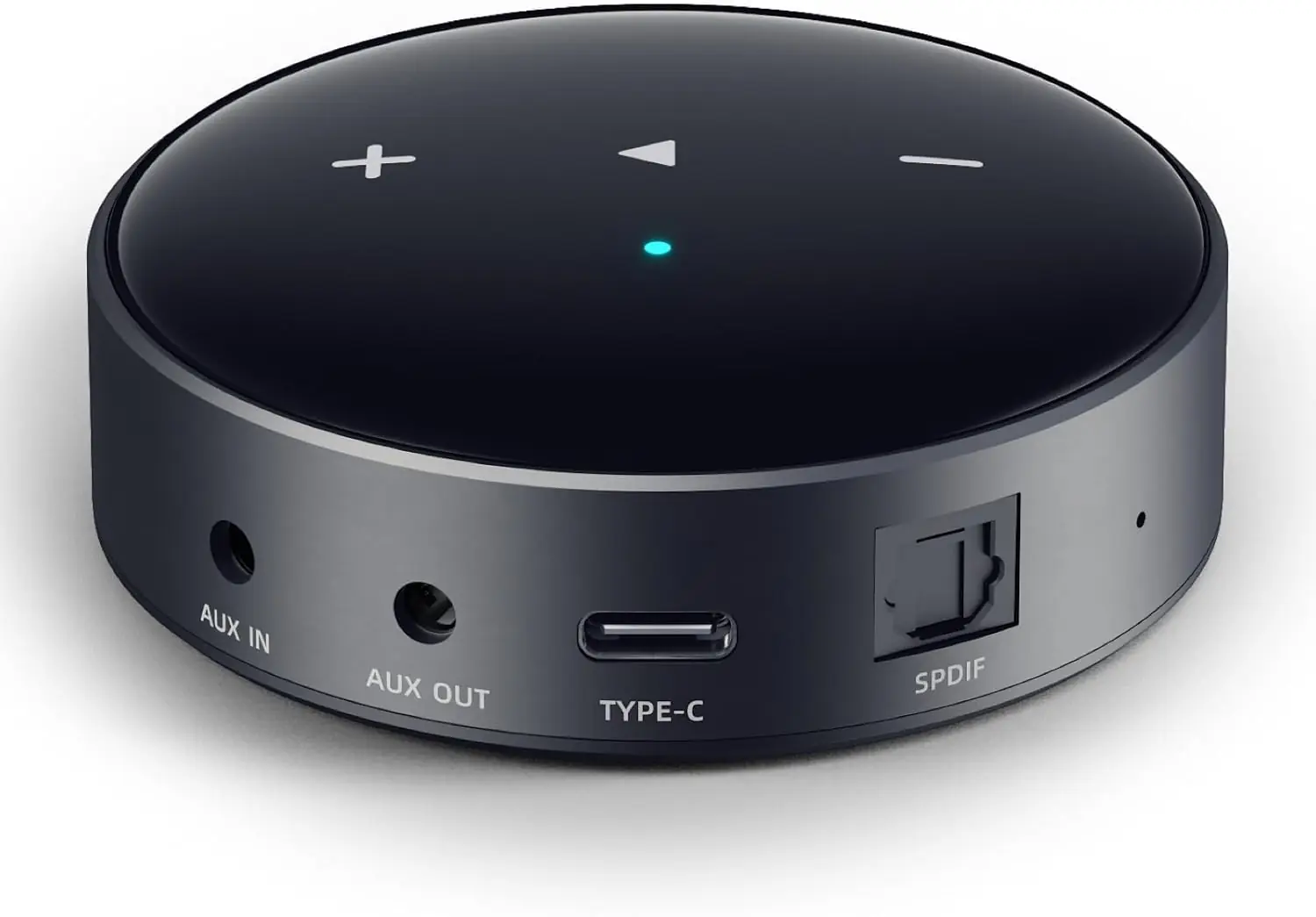 WiiM Mini AirPlay 2 Wireless Audio Streamer, black circular puck with touch controls and AUX/Type-C/SPDIF ports on the back panel