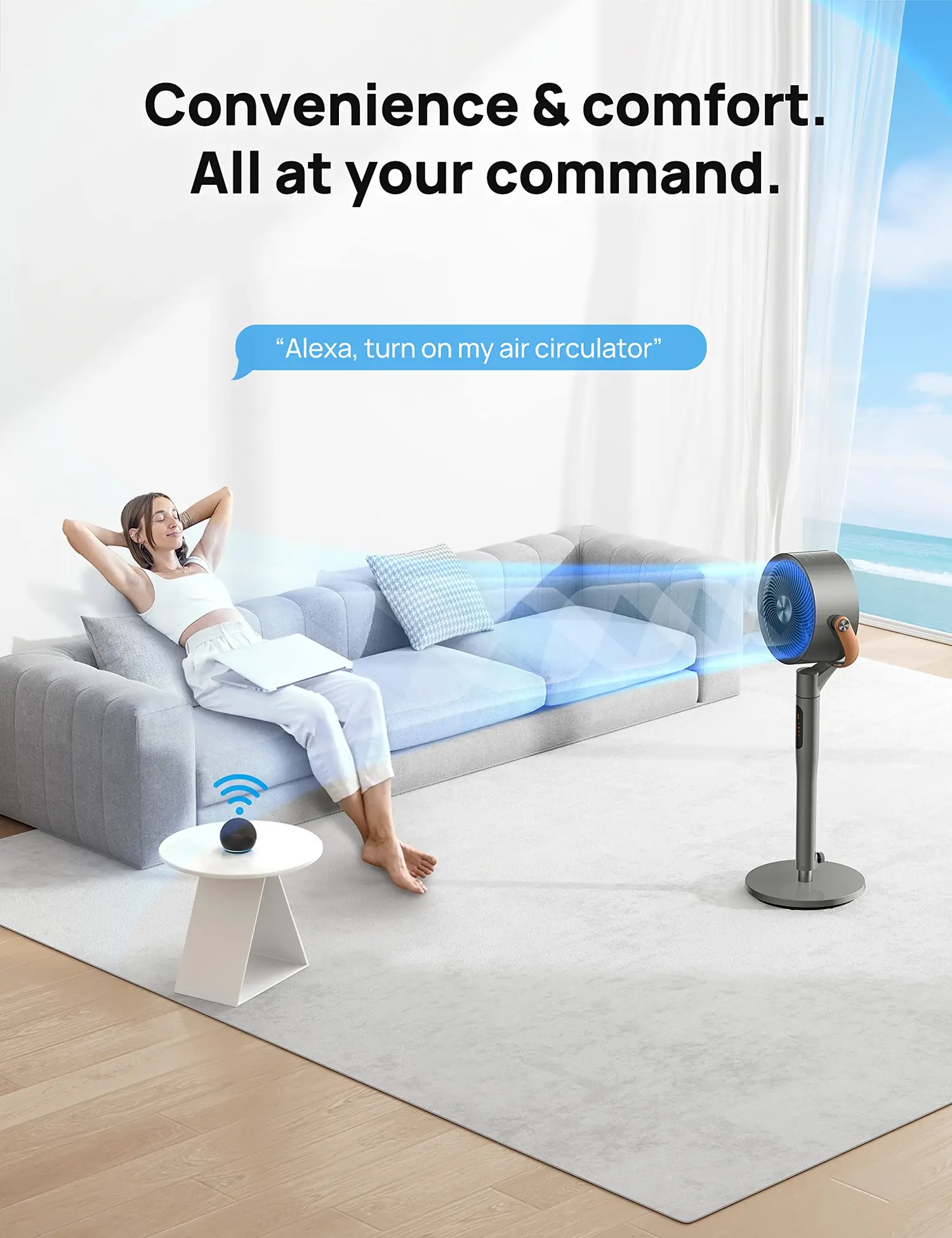 Woman relaxing on couch with DREO tower fan demonstrating quiet 20dB sleep mode in bedroom