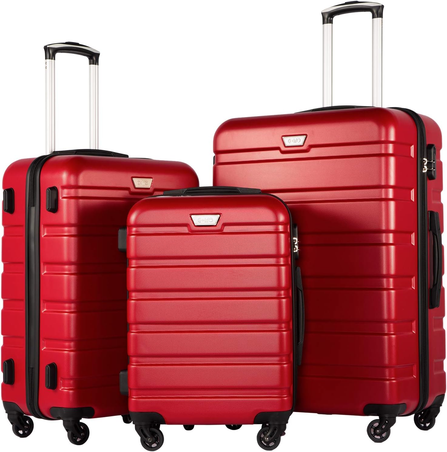 Coolife Luggage 3 Piece Set, Lightweight Durable Hardshell Suitcase set with 360° Spinner Wheels, TSA-approved Lock, Checked Family Travel Luggage sets, 20/24/28 Inch, Red