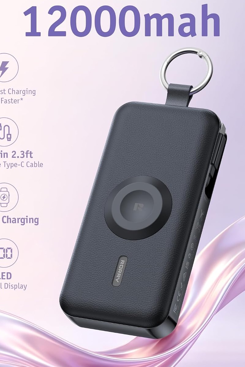 RORRY CharmGo Portable Charger 12000mAh, 3 in 1 Power Bank with Built-in Retractable USB C Cable, 30W Fast Charging, Battery Pack with Keychain, Travel Essentials for iPhone, Apple Watch, iPad, Black