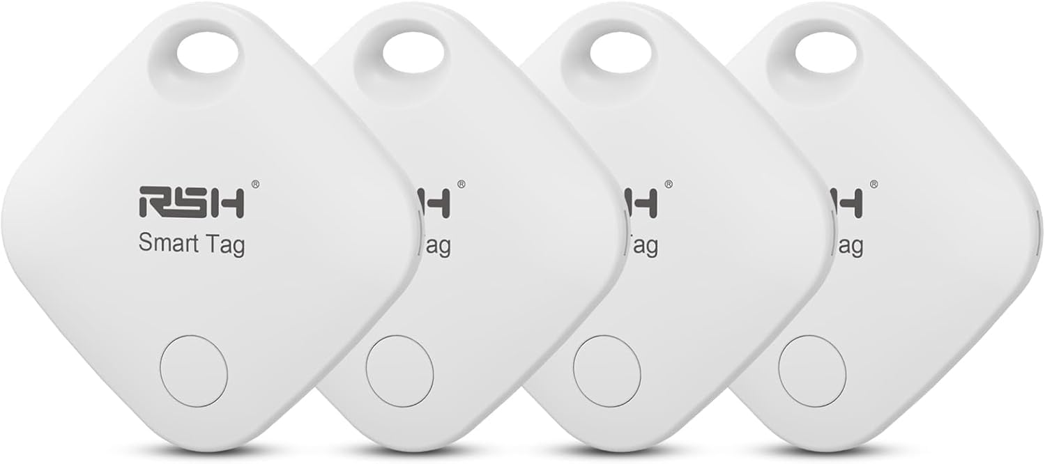 RSH Air Tracker Tag 4-Pack with four coin-size Bluetooth tags, CR2 batteries, and water-resistant silicone cases — Apple Find My compatible