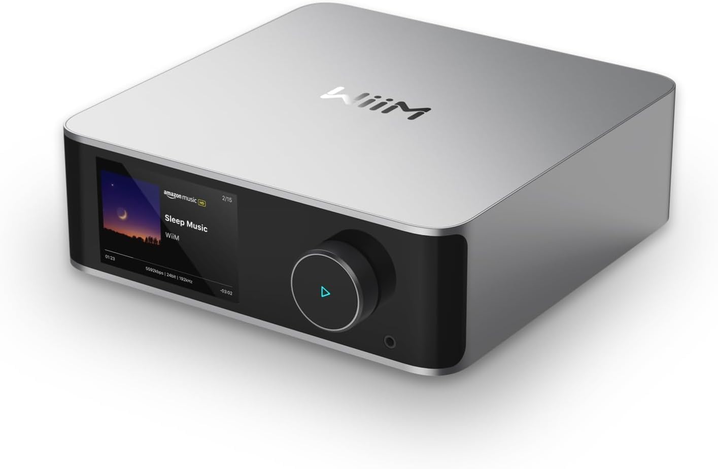WiiM Ultra Music Streamer — front view showing the 3.5-inch color touchscreen and brushed-aluminum chassis (Amazon CDN source)